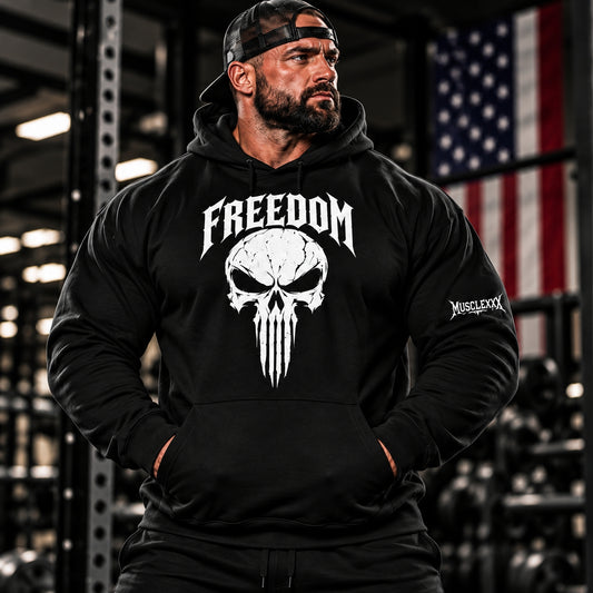 MUSCLEXXX men's Freedom Skull patriotic workout hoodie for gym training and cold-weather wear
