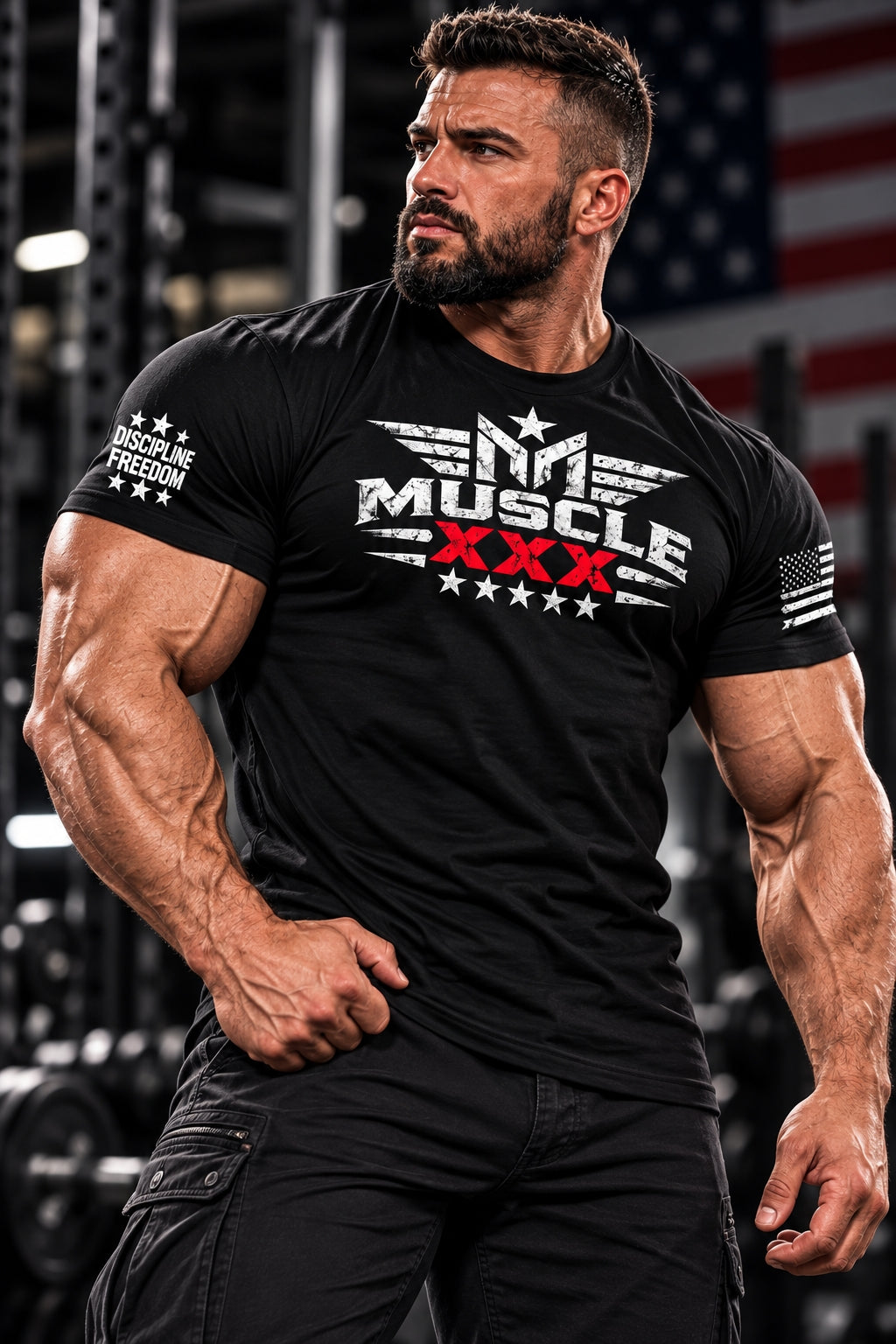 MUSCLEXXX unisex USA flag cotton t-shirt worn on model
