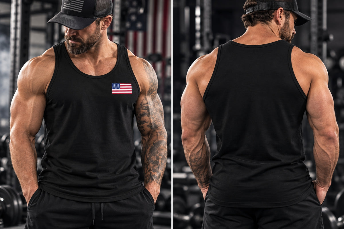 MUSCLEXXX American flag gym tank top, a patriotic workout shirt
