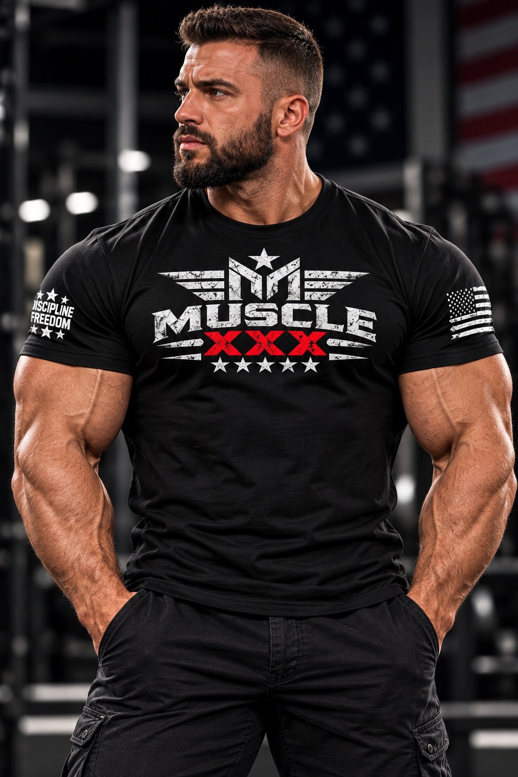 MUSCLEXXX USA flag t-shirt unisex in black, front view
