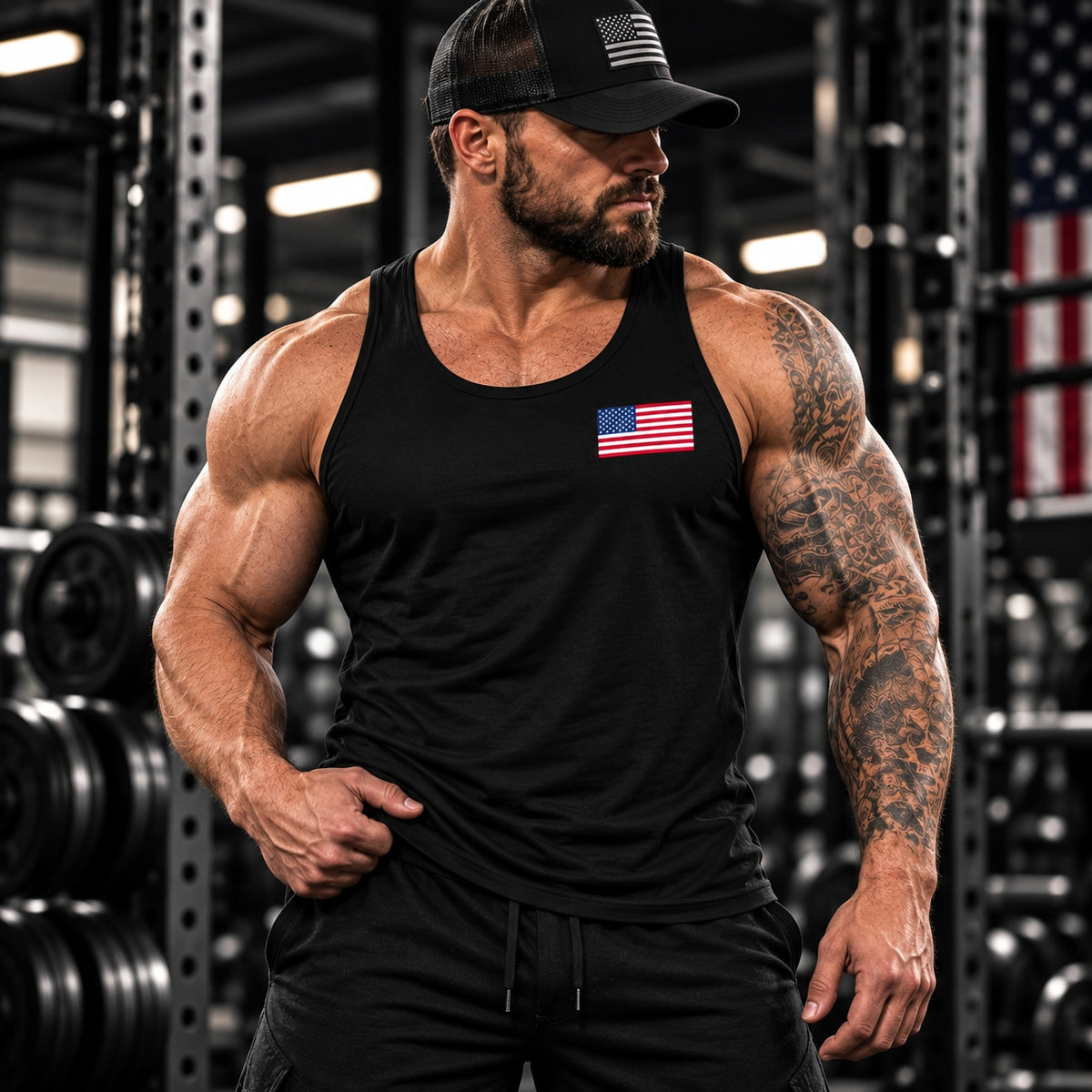 MUSCLEXXX American Flag gym tank top with patriotic graphic for training
