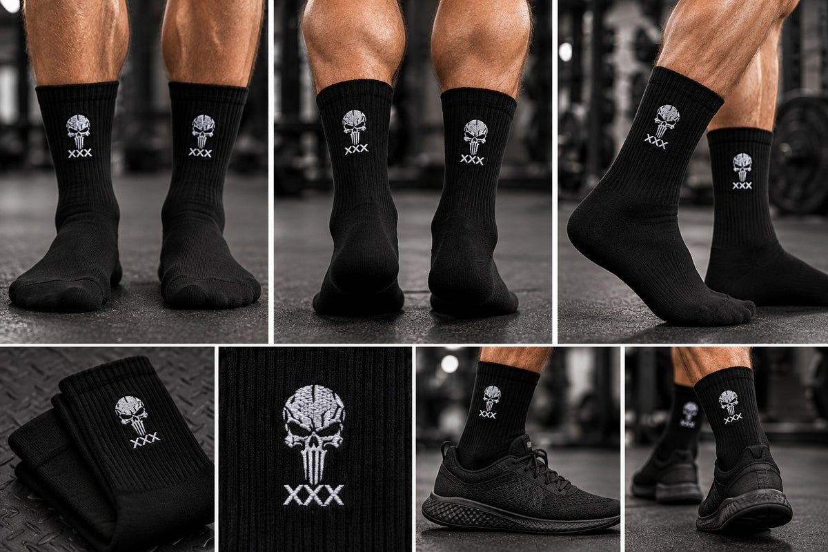 Skull-design cushioned gym socks by MUSCLEXXX, made in the USA
