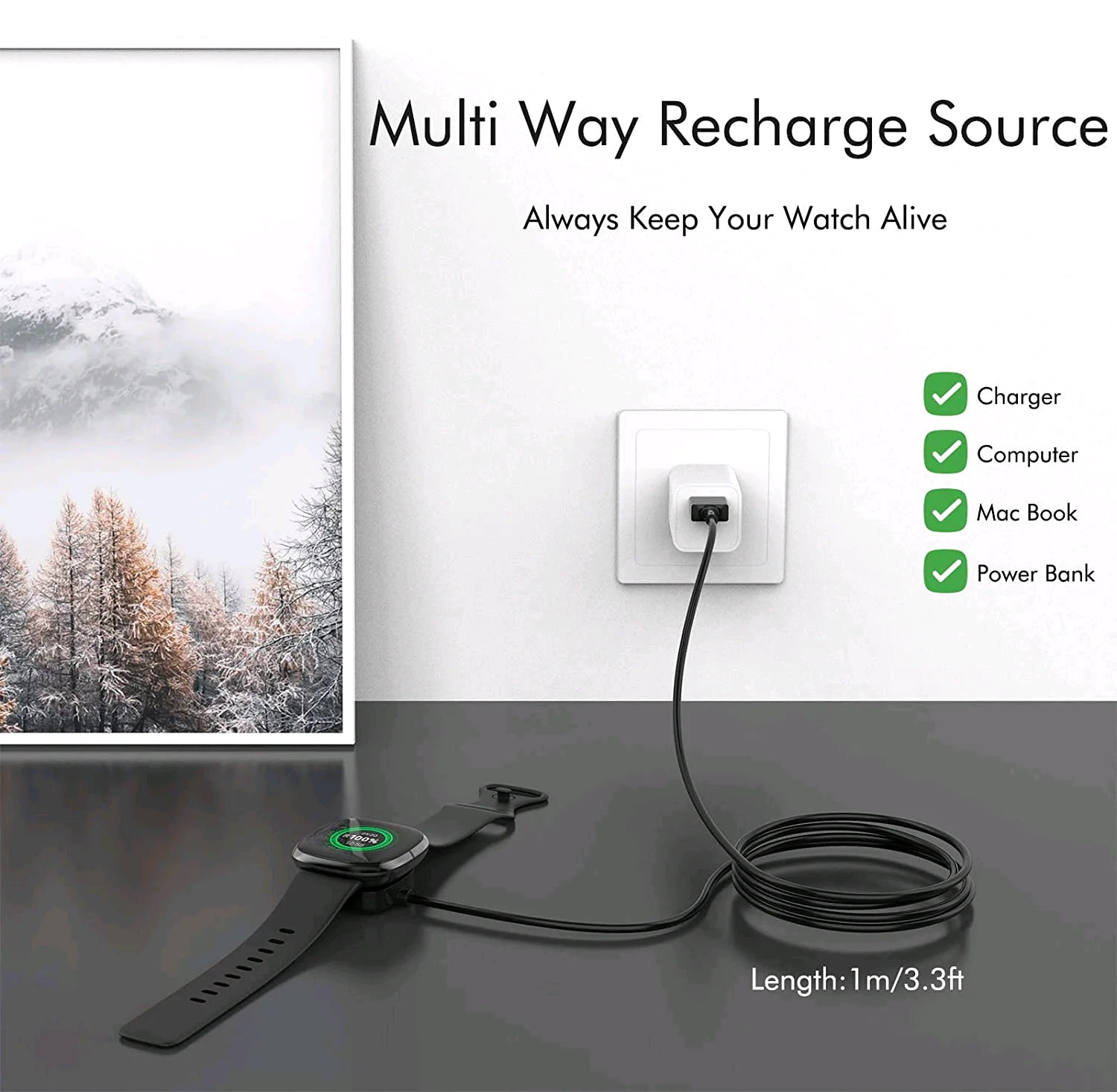 Wireless Charger For Fitbit Sense Versa 3 4 Watch USB Fast Charging Dock Cable