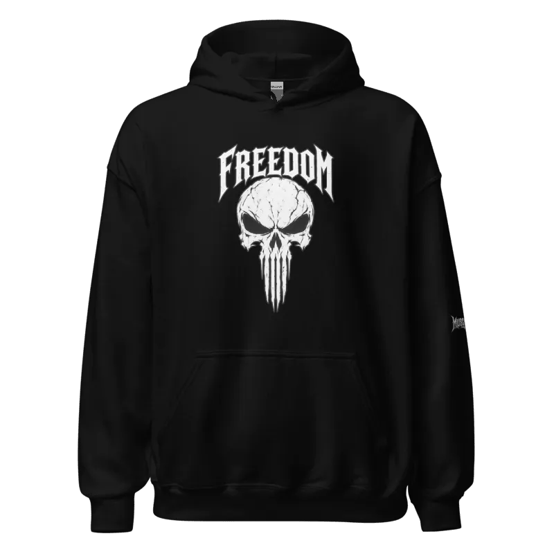 Freedom Skull Hoodie – Black streetwear pullover hoodie by MUSCLEXXX, front view
