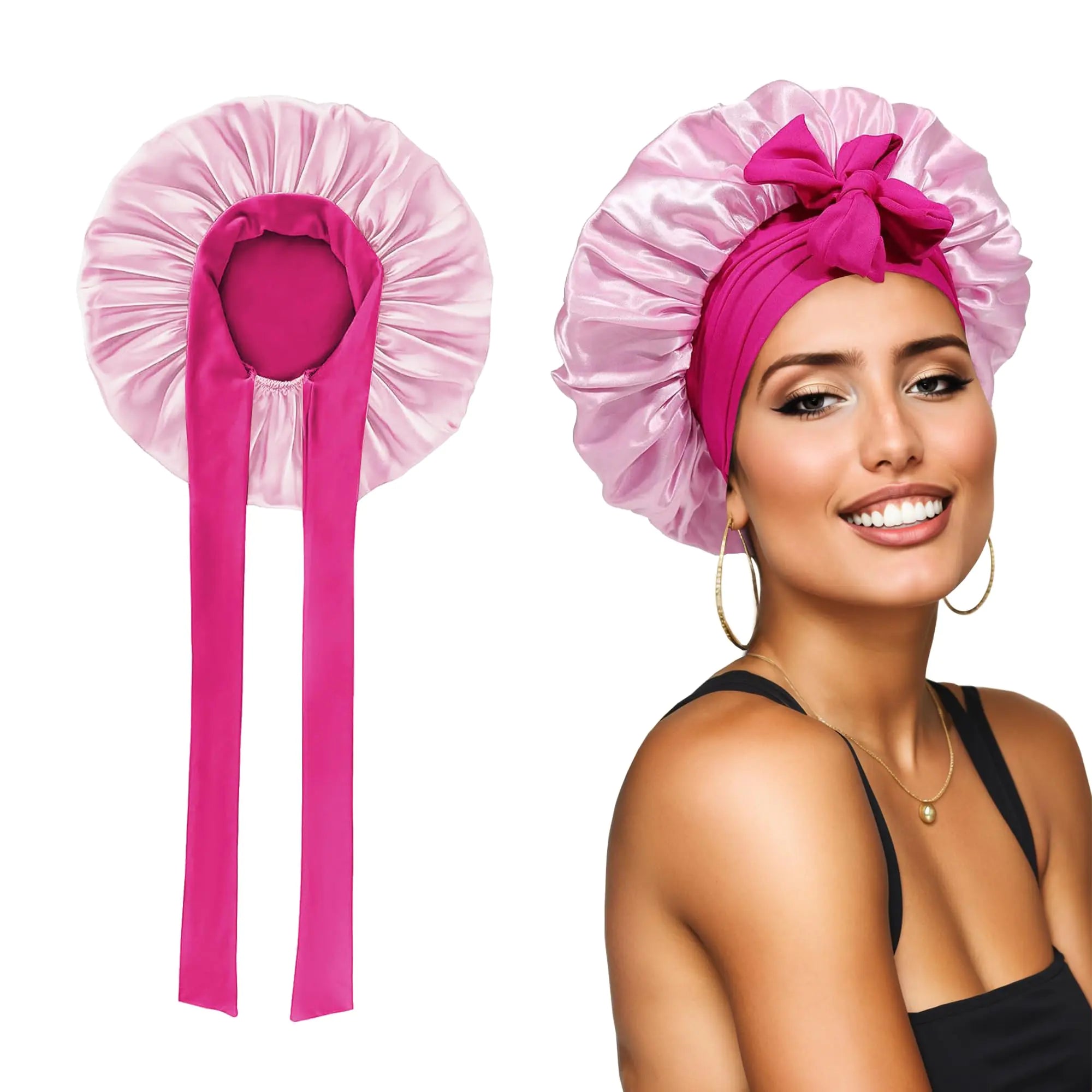 KUJUHA Bonnet for Curly Hair Silk Bonnet for Sleeping Women Satin Sleep Bonnet Double Layers Adjustable Bonet with Tie Band