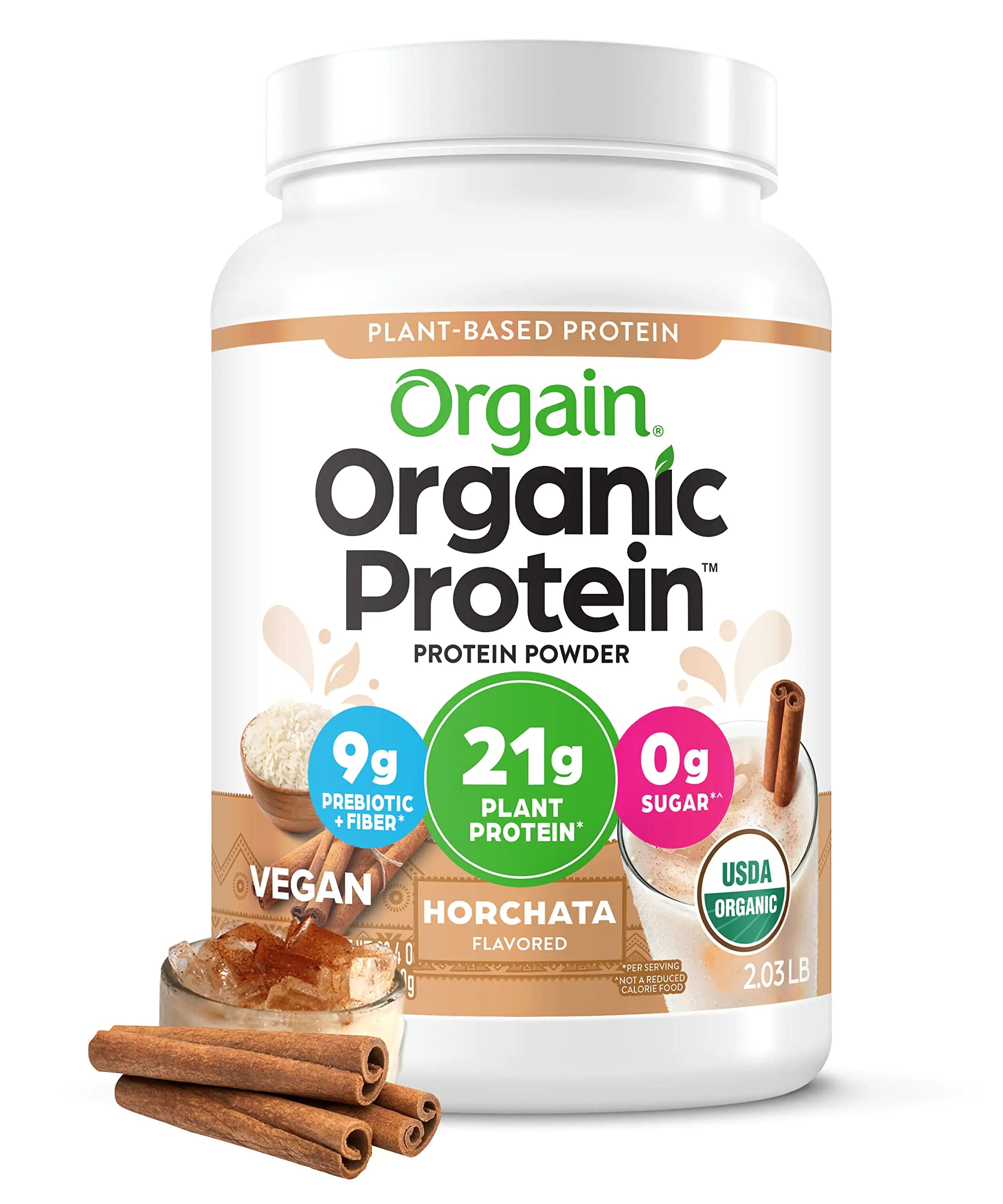 Orgain Organic Vegan Protein Powder Horchata - 21g Plant Based Protein 9g Prebiotic Fiber Low Net Carb No Lactose Ingredients No Added Sugar Non-GMO For Shakes & Smoothies 2.03 lb