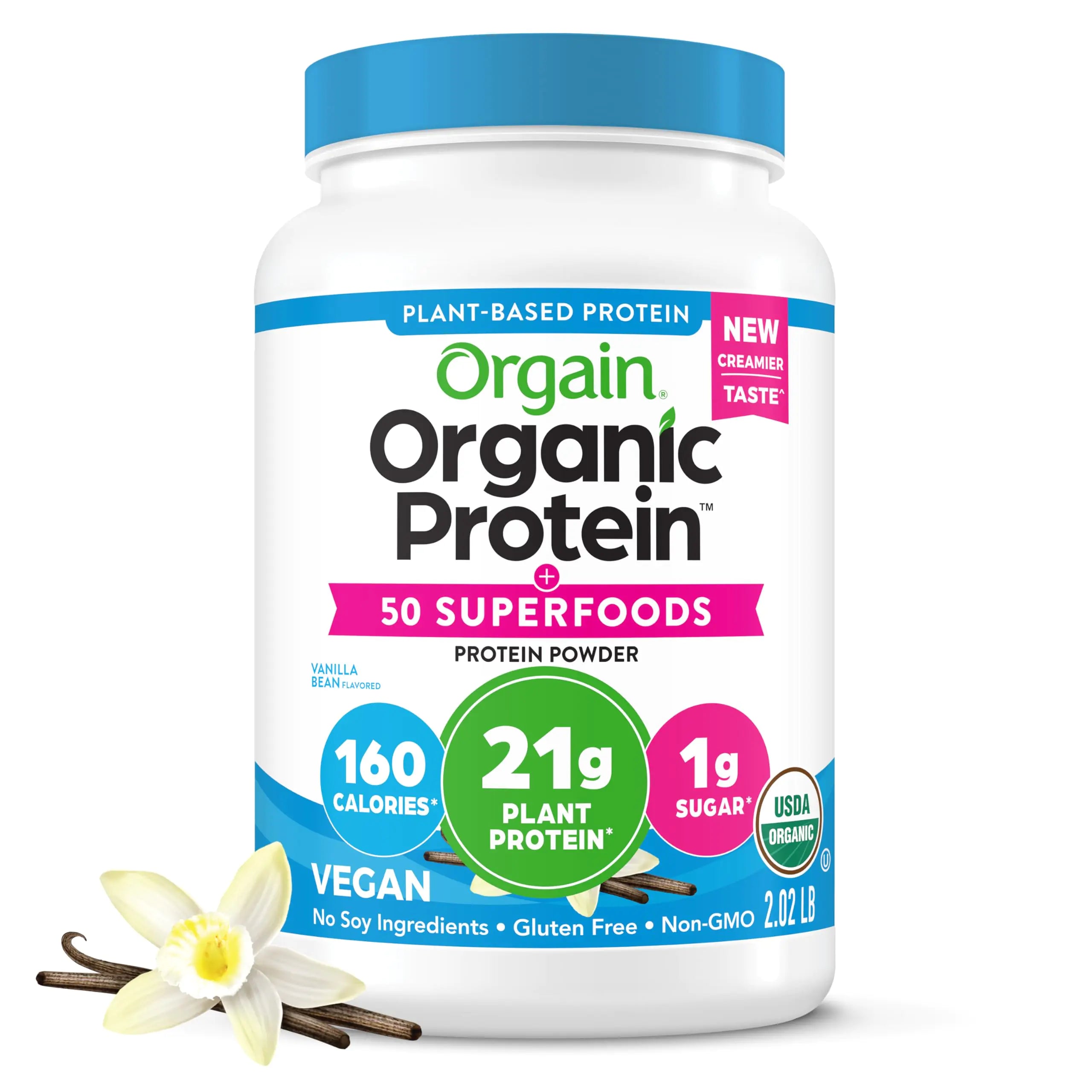 Orgain Organic Vegan Protein + 50 Superfoods Powder Vanilla Bean - 21g Plant Based Protein 8g Prebiotic Fiber No Lactose Ingredients Gluten Free No Added Sugar Non-GMO 2.02 lb